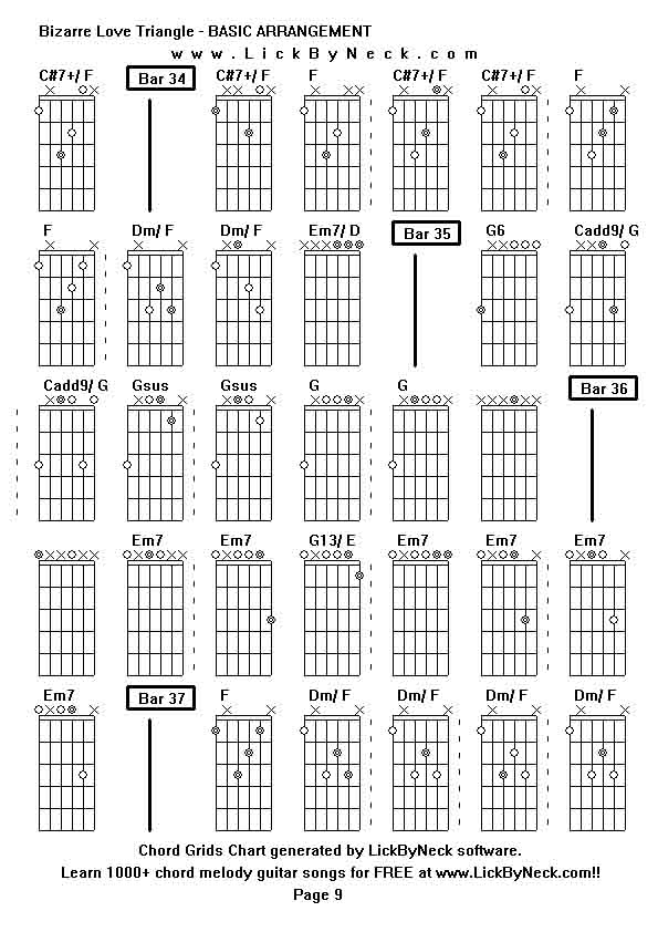 Chord Grids Chart of chord melody fingerstyle guitar song-Bizarre Love Triangle - BASIC ARRANGEMENT,generated by LickByNeck software.